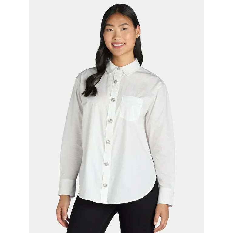 Time and Tru Women's Embellished Shirt with Long Sleeves, S-XXXL | Walmart (US)