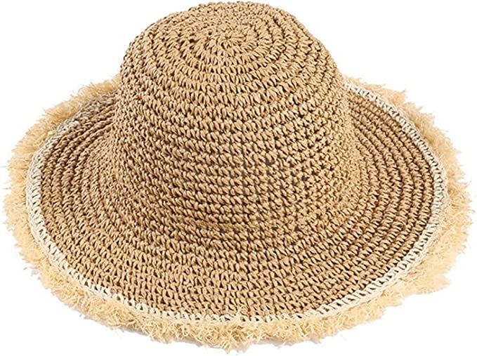 Beach Straw Sun Hat for Womens Crochet Frayed Floppy Bucket Hat Wide Brim Sun Protection Straw Ha... | Amazon (US)