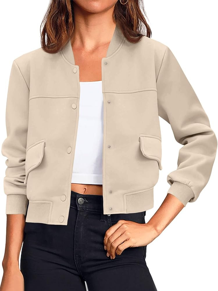 Tankaneo Womens Cropped Bomber Jackets Casual Button Down Long Sleeve Stand Collar Varsity Shacke... | Amazon (US)