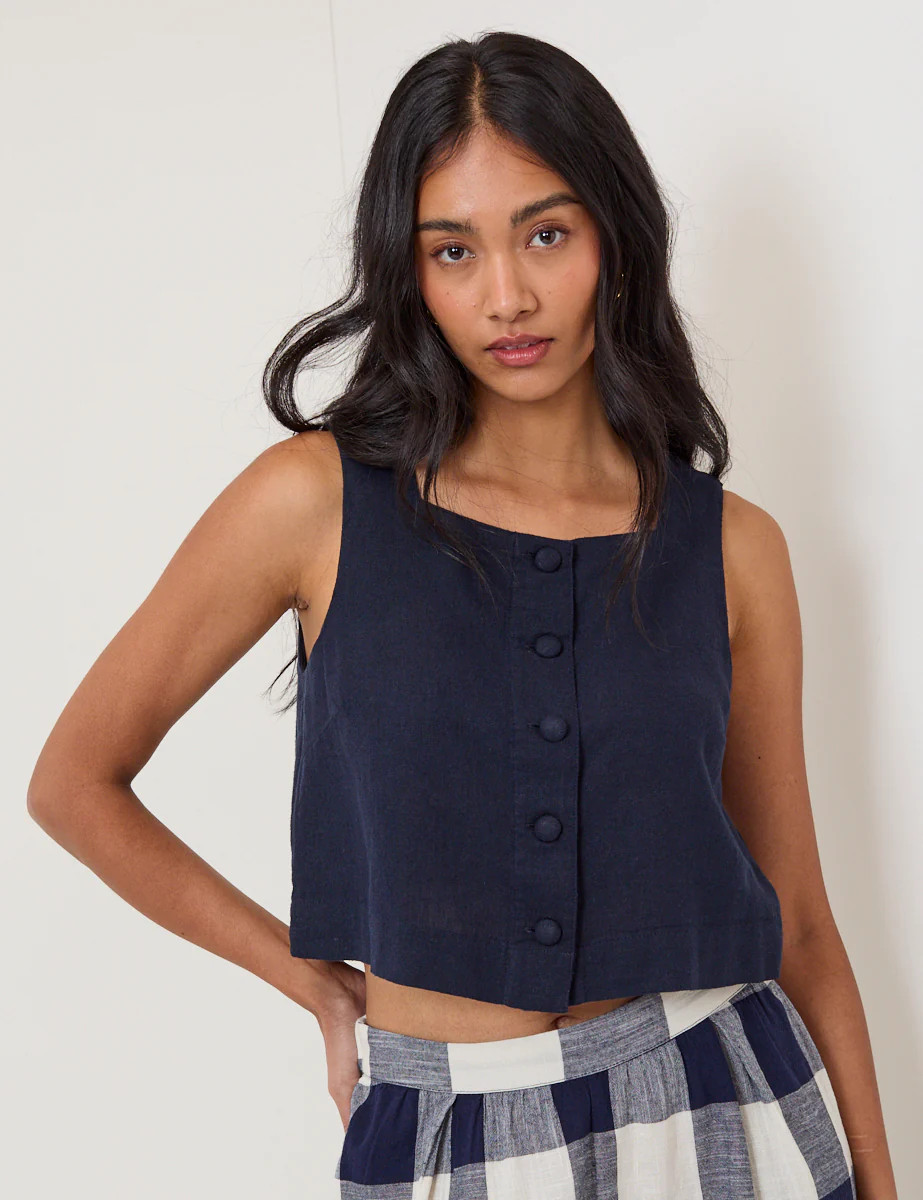 Navy Linen-Blend Button Front Top | Nobody's Child