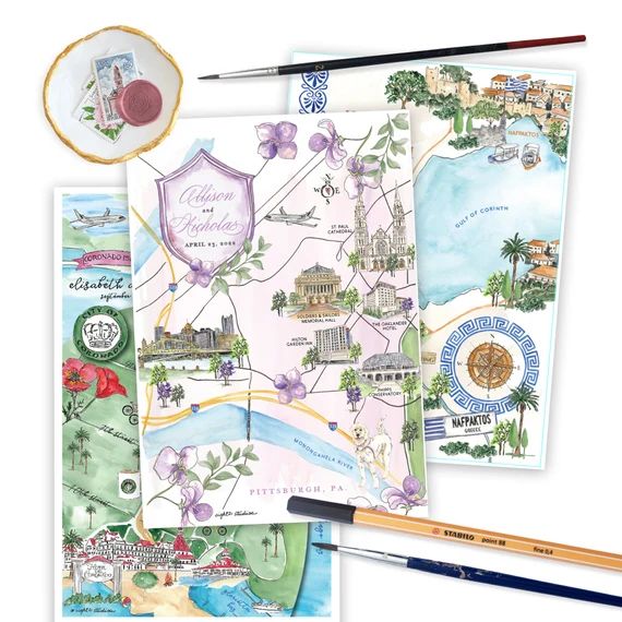 Map Illustration, Map Itinerary Wedding, Custom Wedding Maps, Personalized Wedding Maps, Watercol... | Etsy (US)