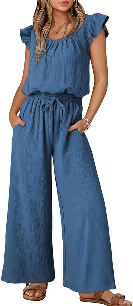Dokotoo Jumpsuits for Women 2025 Summer Ruffle Sleeves Square Neck Rompers Drawstring Overalls wi... | Amazon (US)