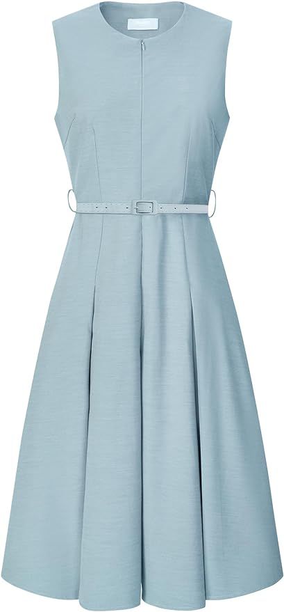 Women's Sleeveless Dress Zip Up Belted Fit & Flare Work Dresses | Amazon (US)