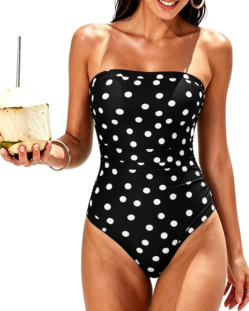 SUUKSESS Women One Piece Tummy Control Swimsuit Strapless Bandeau Bathing Suit | Amazon (US)