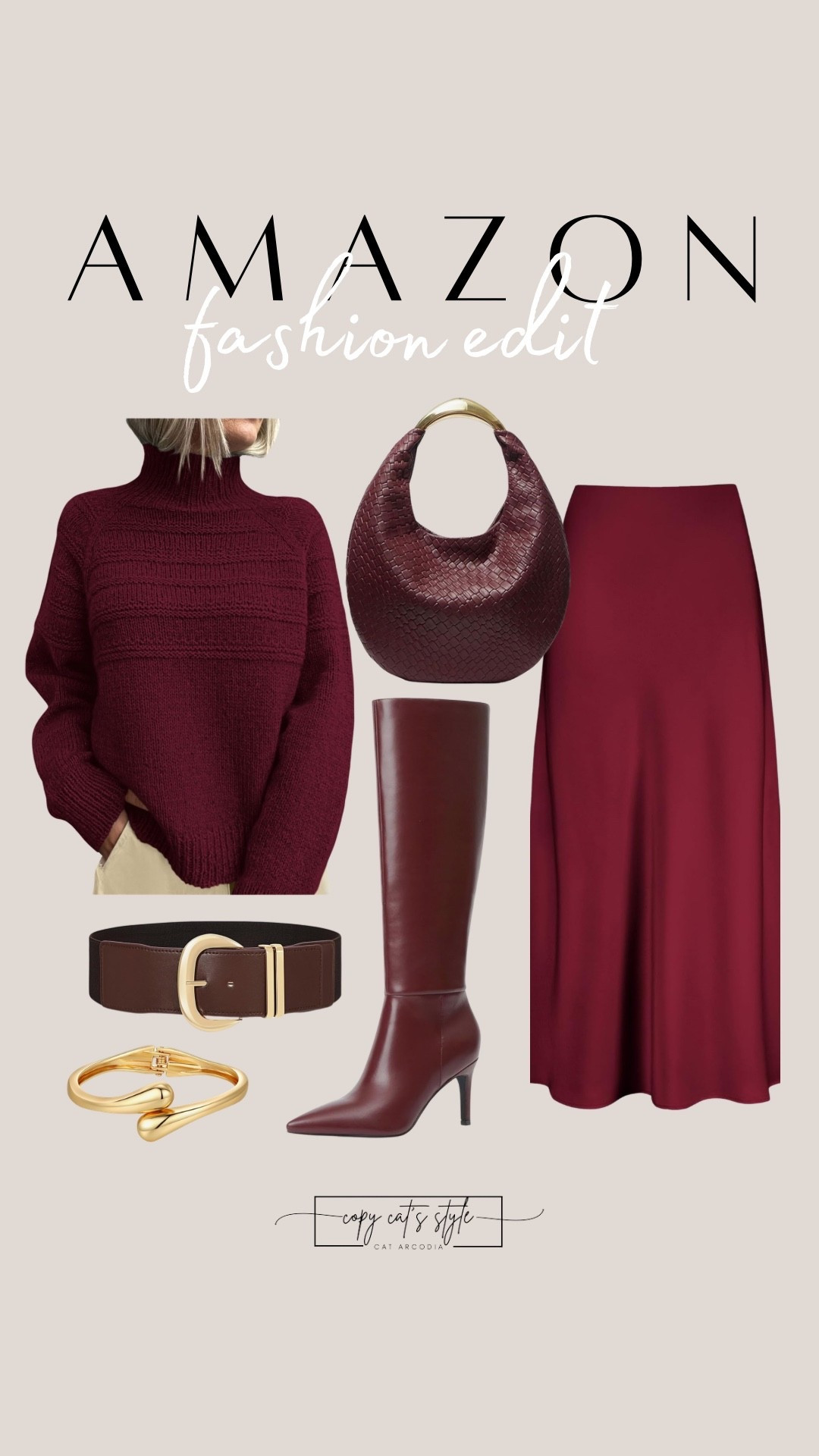The prettiest Amazon fashion edit. Color blocking outfit inspiration. Amazon burgundy sweater, silk skirt, high boots, accessories. 

#LTKSaleAlert #LTKWorkwear #LTKMidsize