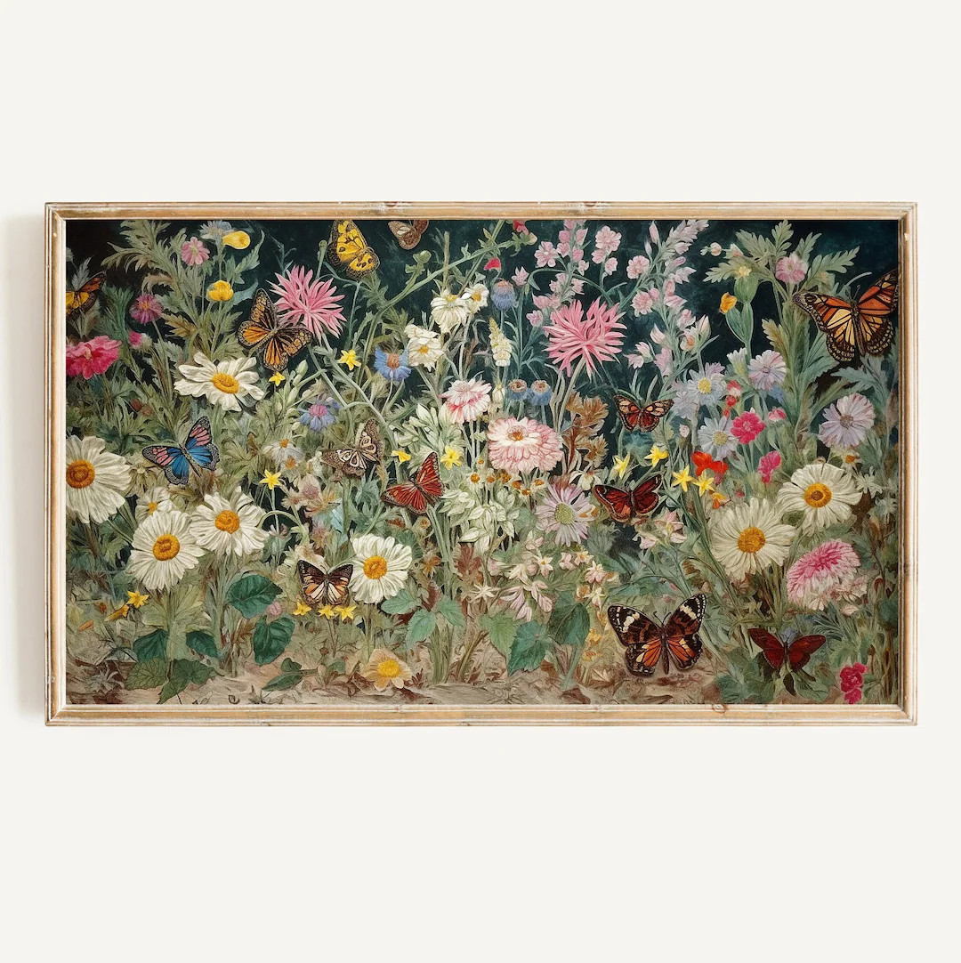 Samsung Frame Tv Art Wildflowers Butterfly Garden, Spring Dark Botanical Digital Download, Jewel ... | Etsy (US)