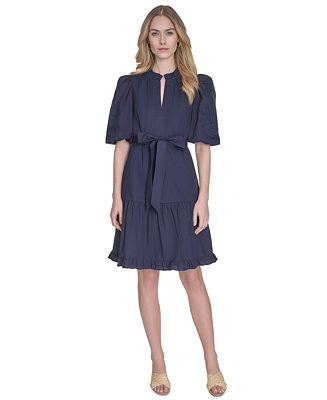 Vince Camuto Women's Split-Neck Elbow-Sleeve Cotton Dress - Macy's | Macy's