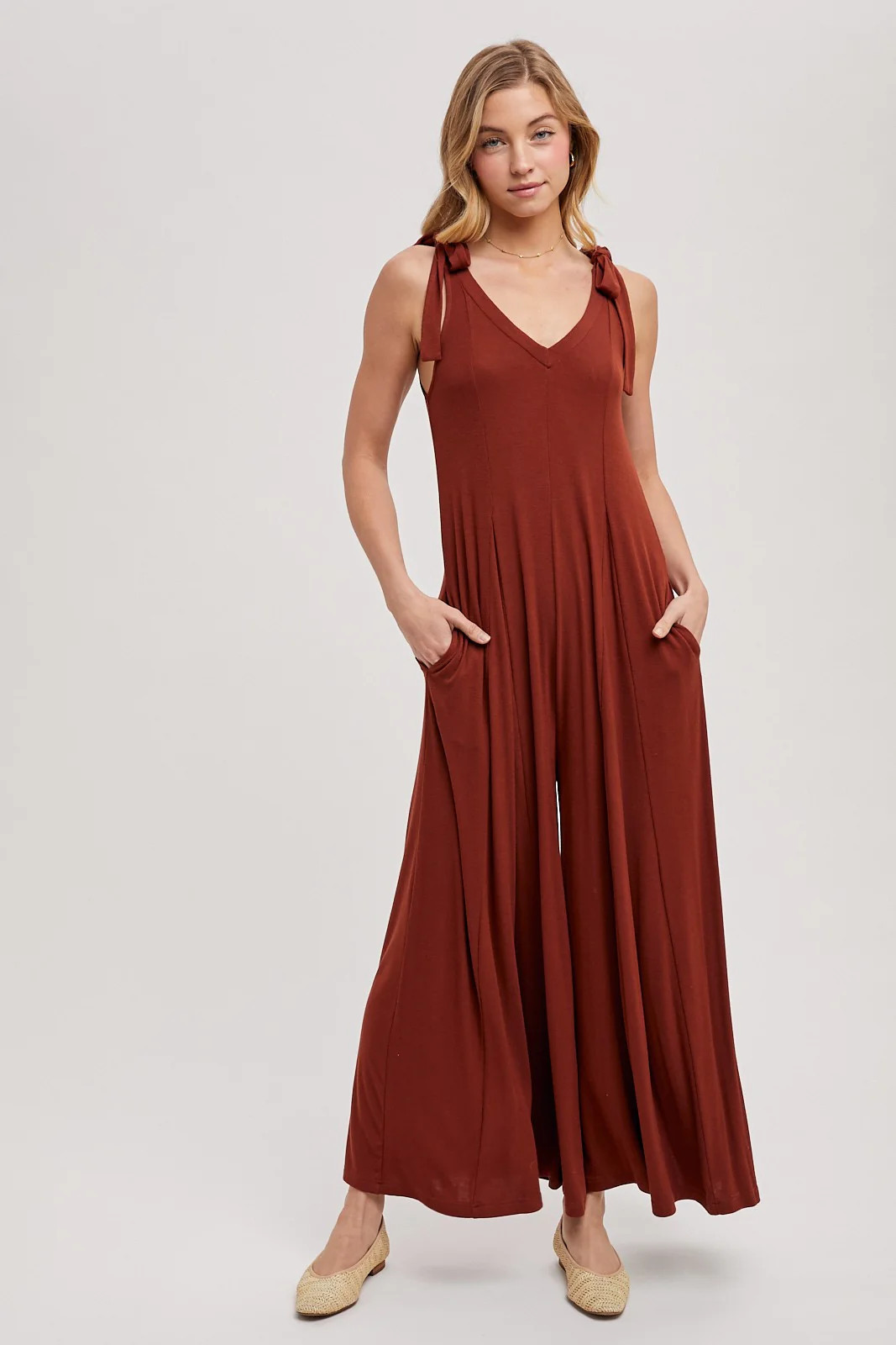Rust Shoulder Tie Wide Leg Jumpsuit | PinkBlush Maternity