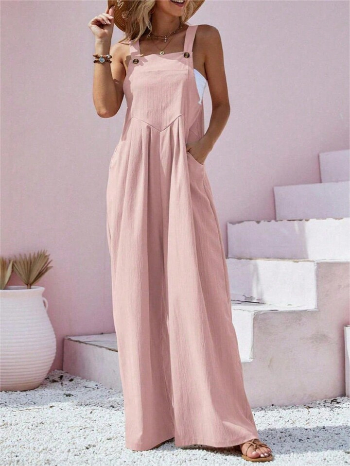 Women's Solid Color Button-Up Suspender Jumpsuit With Wide Leg Pants, Long | SHEIN