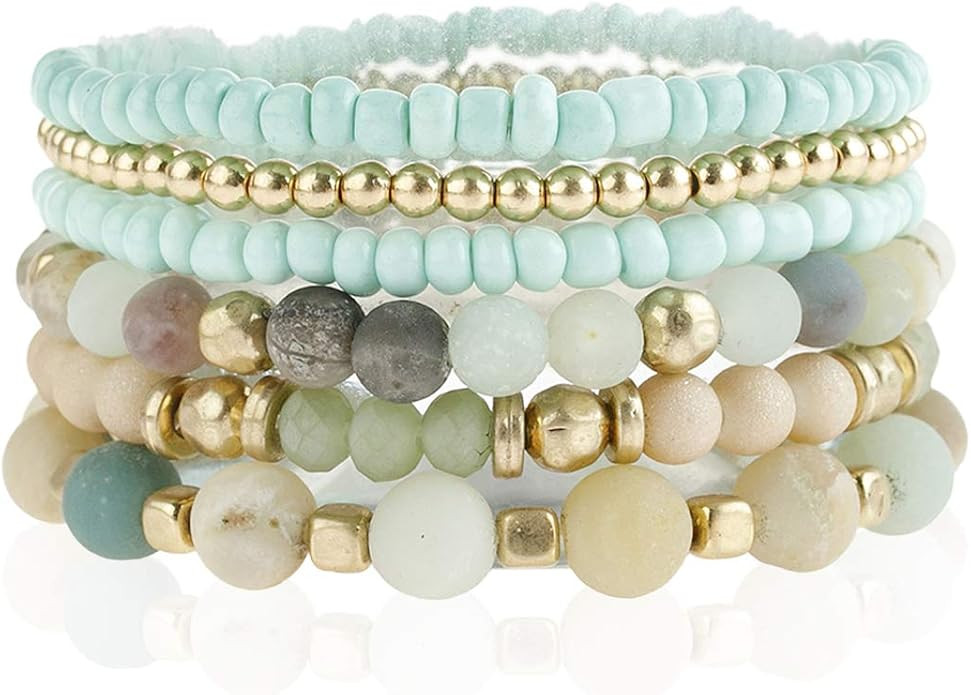 RIAH FASHION Bohemian Natural Stone Beaded Multi Layer Stacking Statement Bracelets - Crystal, Wo... | Amazon (US)