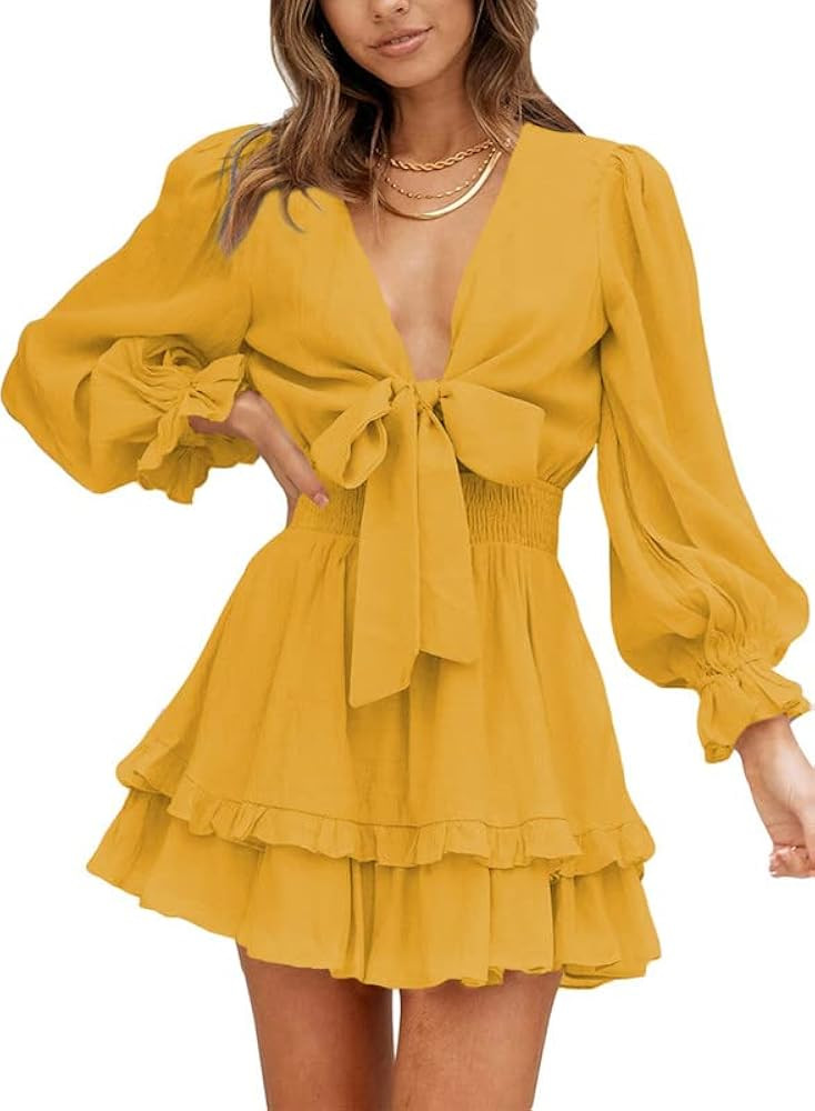 Dokotoo Womens 2024 Summer Deep V Neck Dress Long Sleeve Spring Dress With Sleeves Dresses Spring | Amazon (US)