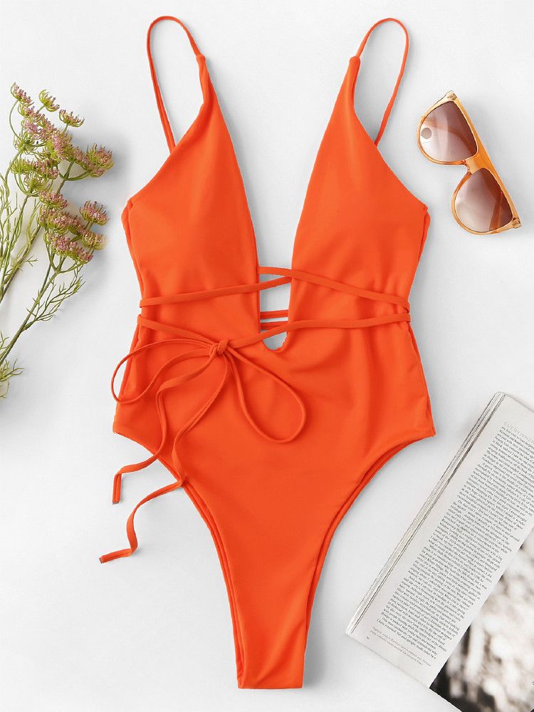 Plunging Low Back Belted One Piece Swimsuit | SHEIN