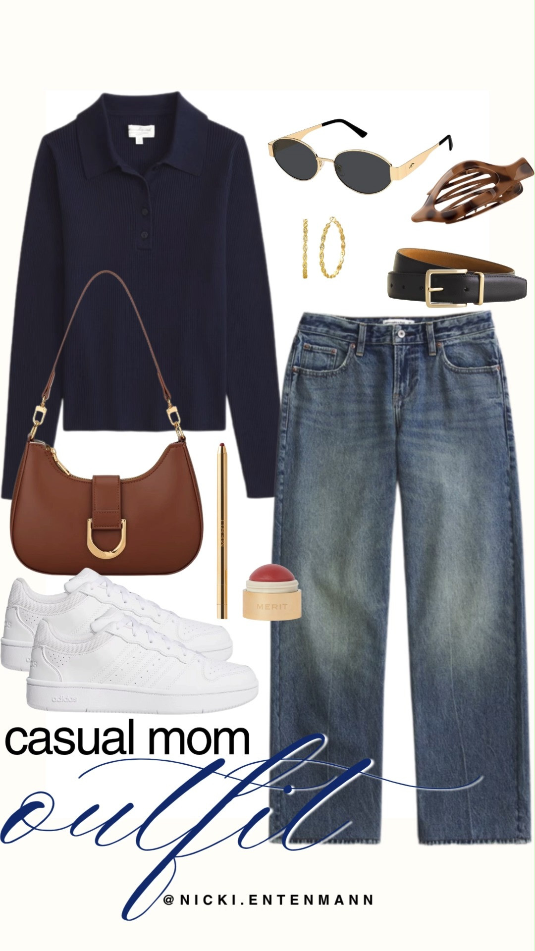 Master everyday polish with this casual mom outfit edit. A navy long-sleeve polo sweater pairs with classic straight-leg denim jeans and crisp white sneakers. A cognac leather shoulder bag, black leather belt, gold wire sunglasses, gold hoop earrings, a tortoise claw clip, and Merit lip balm complete this preppy look.

#casualmom #momstyle #everydayoutfit #fallfashion #outfitinspiration #preppycasual #chicstyle 

 #LTKootd #LTKmomlife #LTKTravel