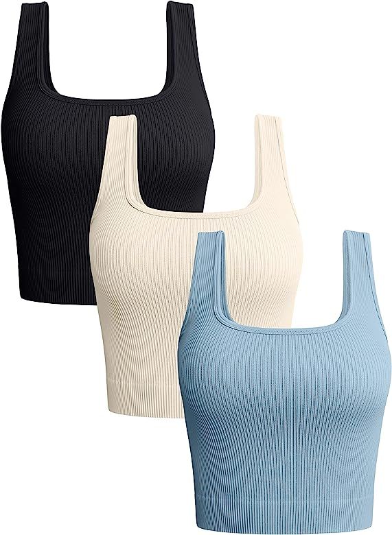 OQQ Women's 3 Piece Tank Tops Ribbed Seamless Workout Exercise Shirts Yoga Crop Tops | Amazon (US)