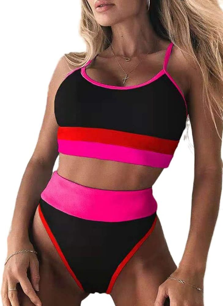 Dokotoo Womens Cute Color Block Ribbed High Waisted Two Piece Bikini Swimsuits | Amazon (US)