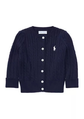 Ralph Lauren Childrenswear Baby Girls Cable Knit Cotton Cardigan, Navy Blue, 12 Months | Belk