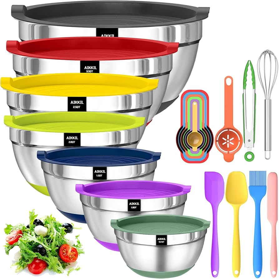 AIKKIL Mixing Bowls with Airtight Lids, 20 piece Stainless Steel Metal Nesting Bowls, Non-Slip Co... | Amazon (US)