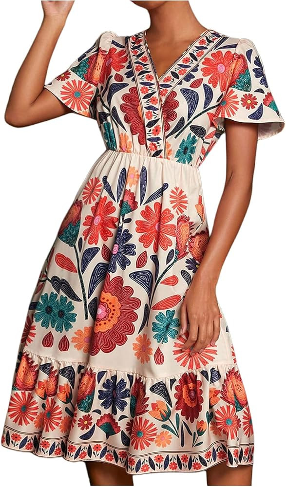 Floerns Women's Floral Print Wrap V Neck Butterfly Sleeve A Line Midi Dress | Amazon (US)