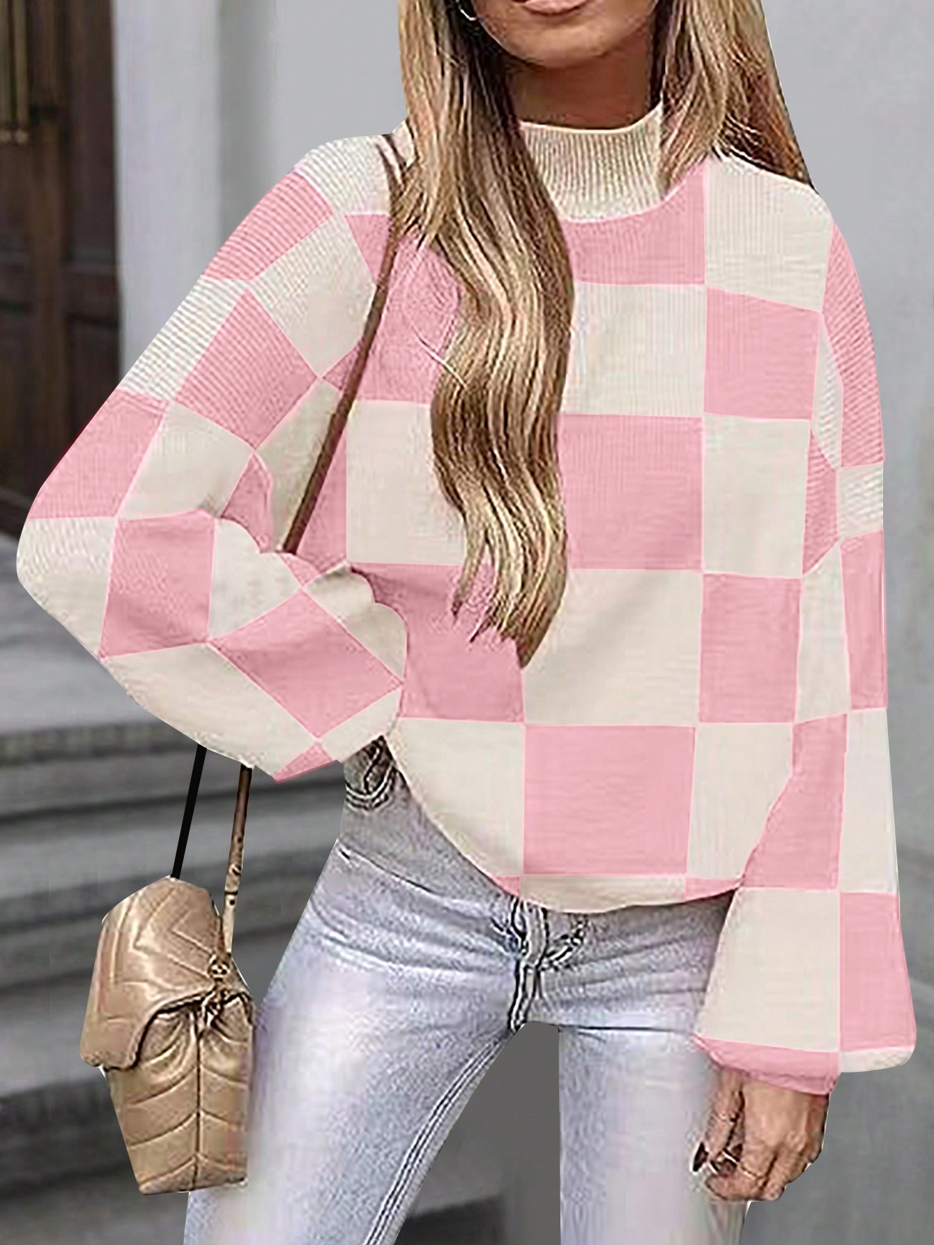Checker Pattern Mock Neck Drop Shoulder Sweater | SHEIN