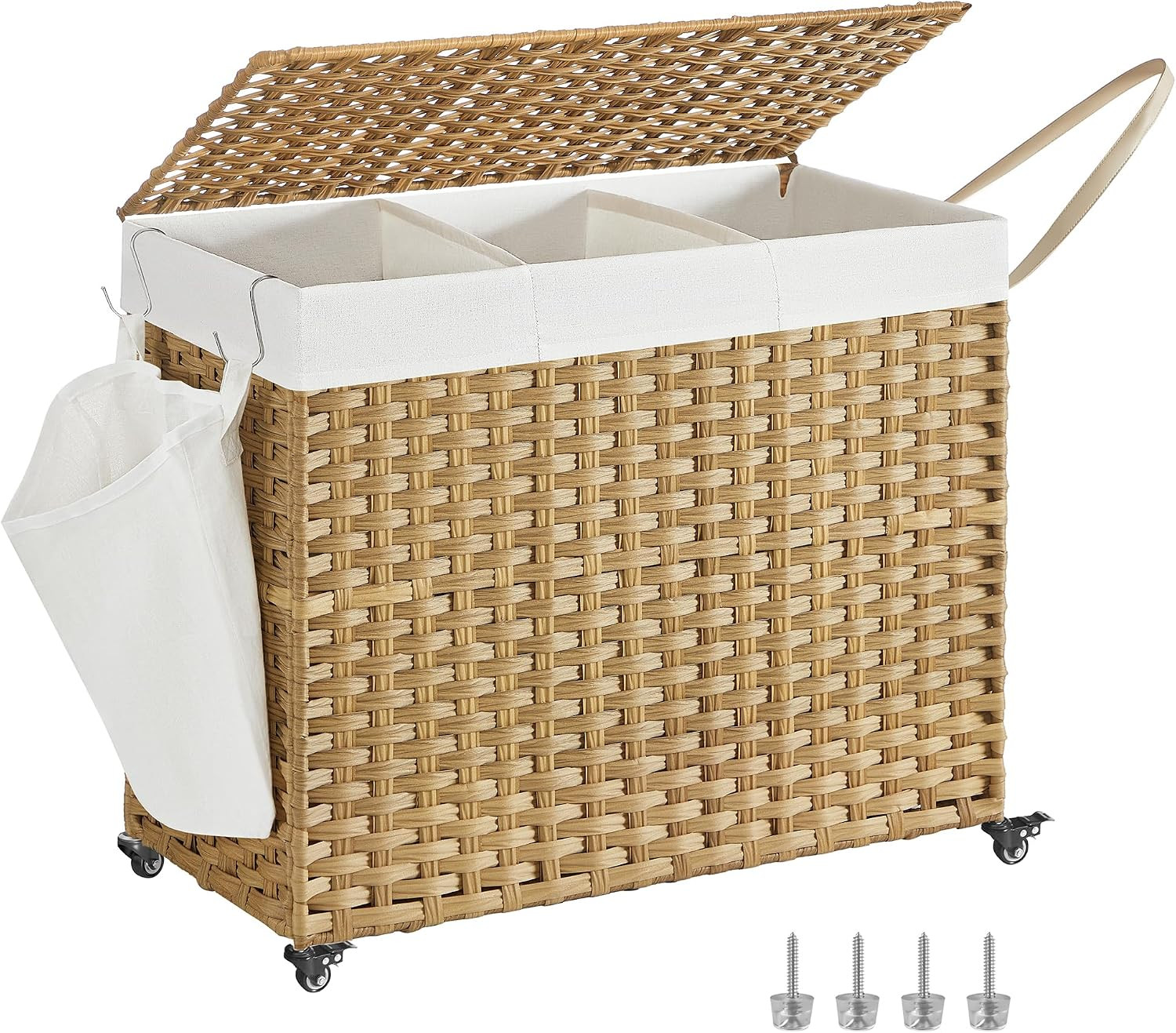 SONGMICS Rolling Laundry Hamper with Lid, 160 L 3-Section Synthetic Rattan | Amazon (US)