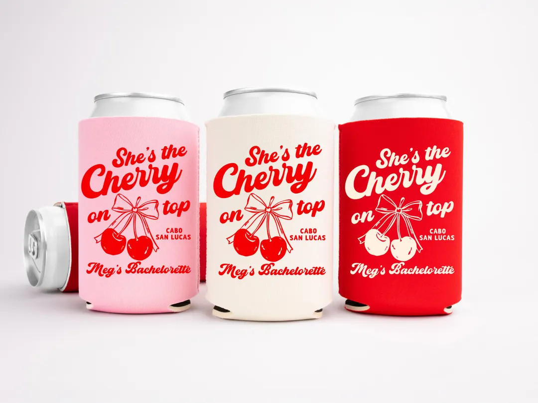 She's the Cherry on Top Bachelorette Party Can Cooler - Custom Bachelorette Party Favors - Person... | Etsy (US)