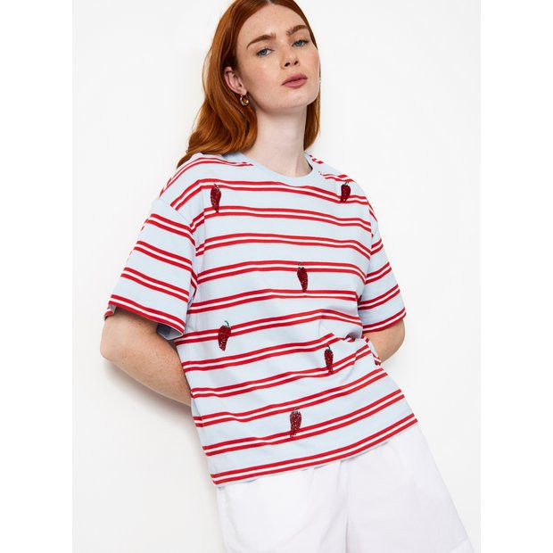 Buy Blue Stripe Print Chilli Embellished Boxy Fit T-Shirt XL | T-shirts | Tu | Tu Clothing