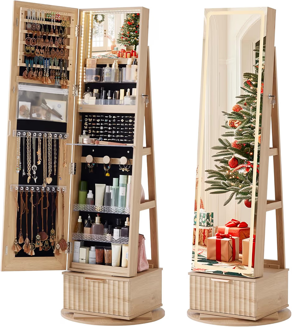 Fluted 360° Swivel Jewelry Armoire Cabinet Standing with Full Length Mirror, Lockable Jewelry Or... | Amazon (US)
