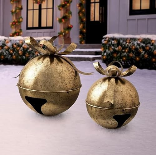 Oversized Jingle Bell Décor Set of 2 with Antique Finish, Large and Medium Bells for Indoor Outdoor Christmas Decoration, Nesting Design with Stands (Gold) | Amazon (US)