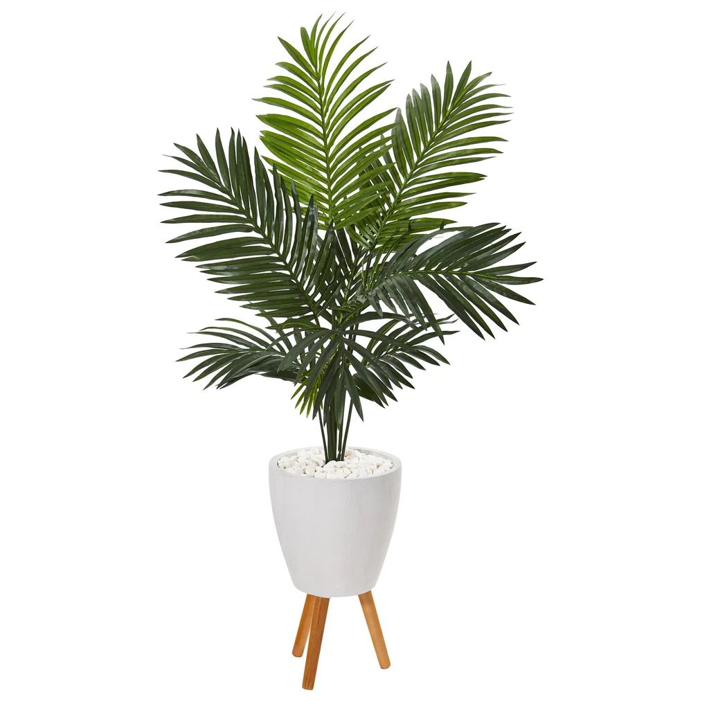 61” Paradise Palm Artificial Tree in White Planter with Stand | Nearly Natural