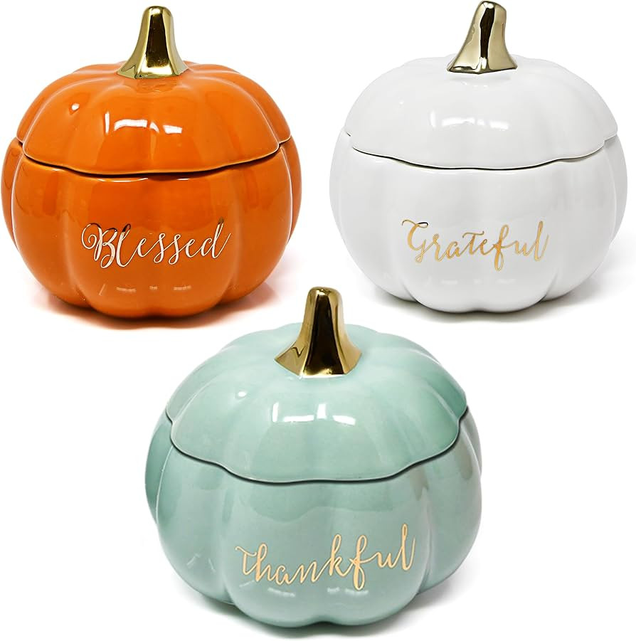 Fall Pumpkin Decorative Bowl Set with Lids, Thankful Grateful Blessed, White Ceramic Jar Bowls fo... | Amazon (US)