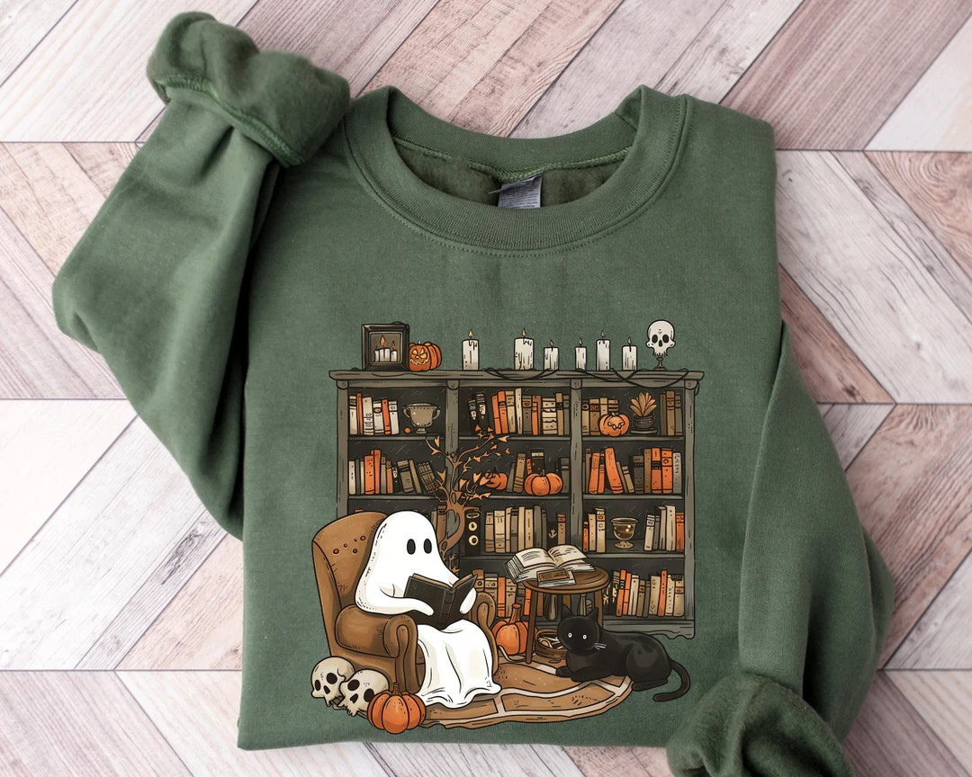 Retro Ghost Reading Books Sweatshirt, Librarian Ghost Halloween, Halloween Teacher Sweatshirt, Ha... | Etsy (US)