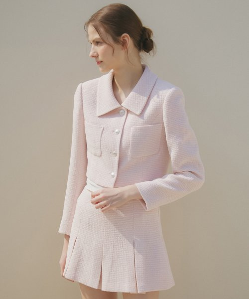 Tweed single collar crop jacket_pink | Musinsa Global
