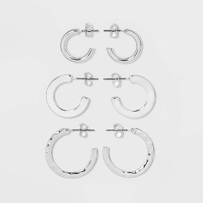 Hammered Metal Hoop Trio Earring Set 3pc - A New Day™ Silver | Target