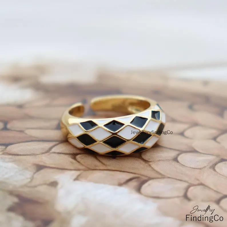 Fashion Checkboard Dome Ring - Black & White Handmade Ring - 18k Gold Plated Enamel Checkered Rin... | Etsy (US)