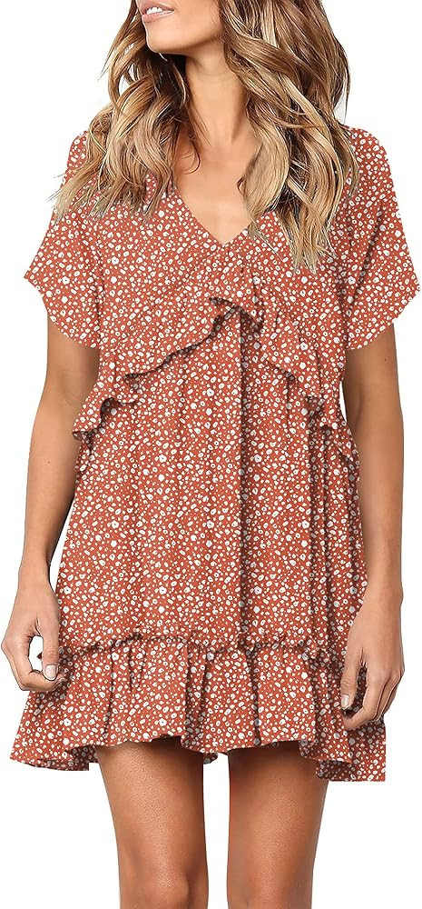 liher Women Summer Dress V Neck Short Sleeve Ruffle Casual Loose Swing Dresses | Amazon (US)