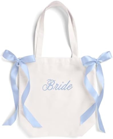 xo, Fetti White Bride Canvas Tote Bag, Blue Satin Bows | Bachelorette Party Decorations, Bride To... | Amazon (US)