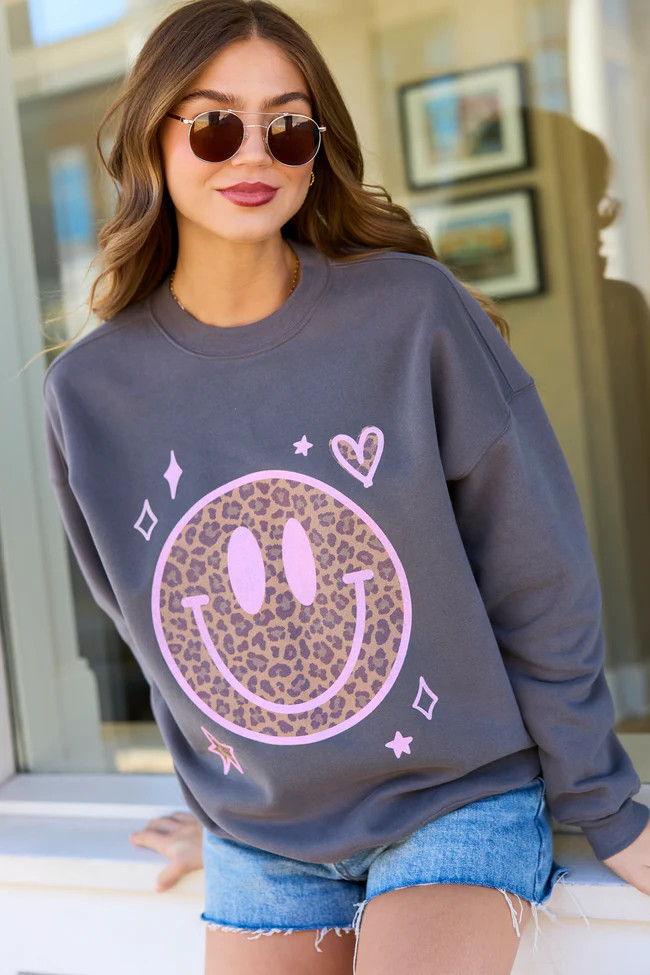 Leopard Smiley Face Dark Grey Graphic Sweatshirt | Pink Lily