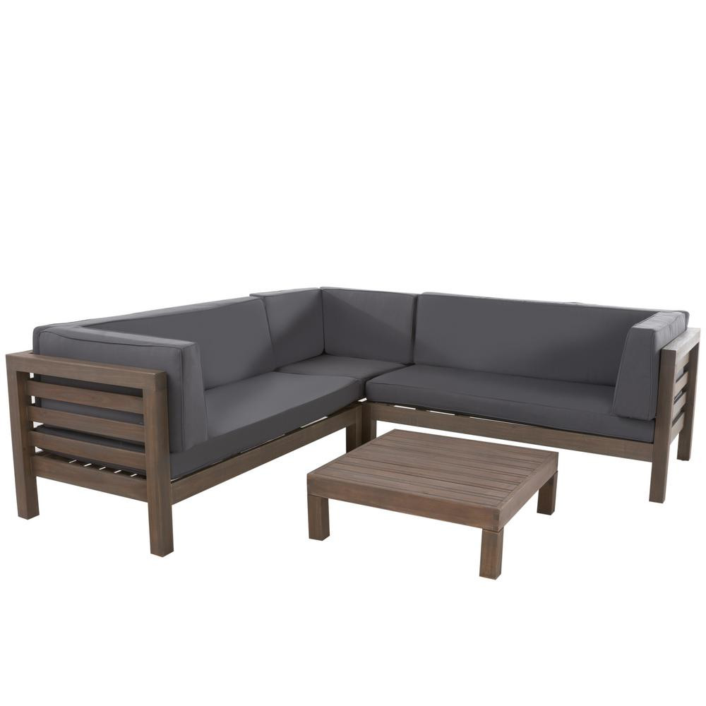 Oana Grey 4-Piece Wood Outdoor Sectional Set with Dark Grey Cushions | The Home Depot