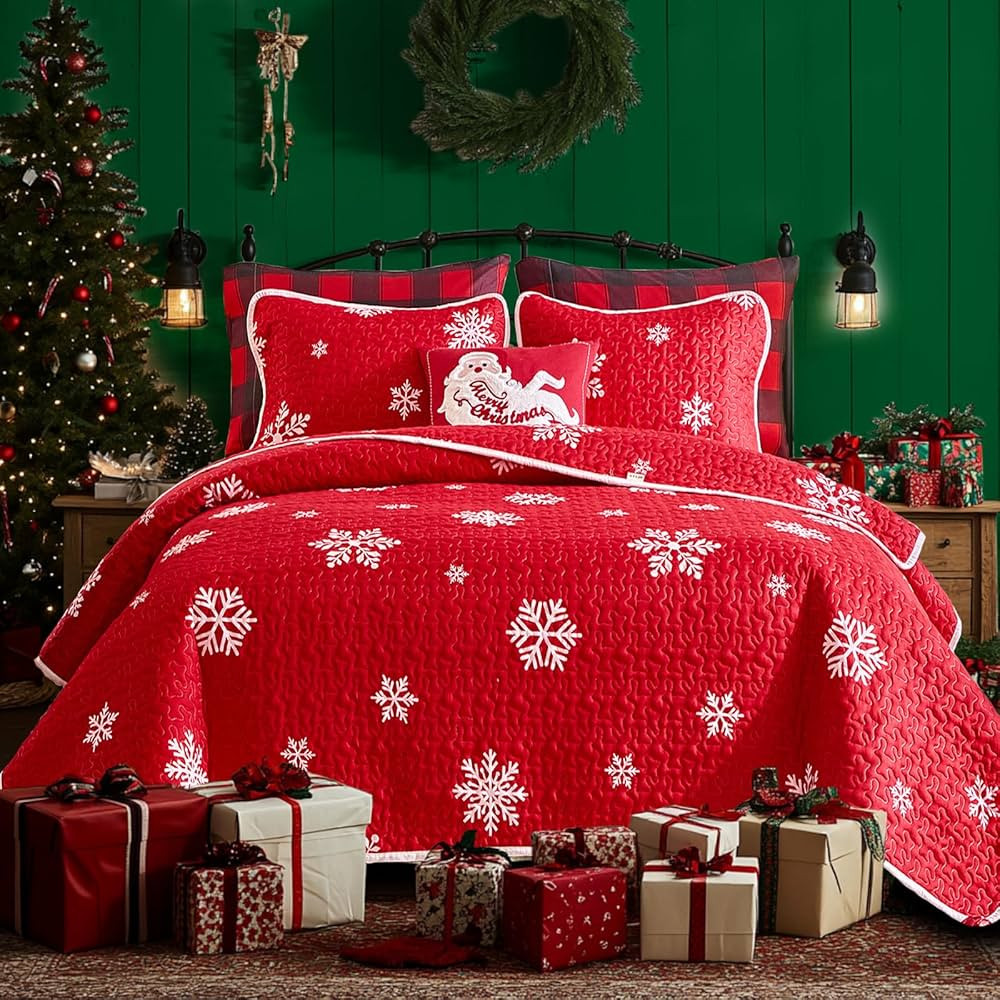 Tititada Christmas Snowflake Quilt Bedspread Set Queen, White Snowflake on Red Soft Microfiber Ho... | Amazon (US)