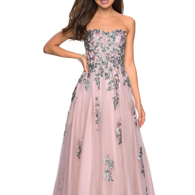 La Femme Blush Ball Gown With Cascading Floral Appliques - Pink - 10 | Verishop