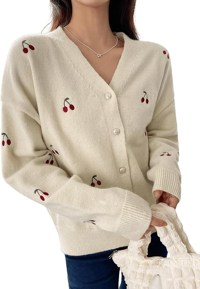 GORGLITTER Women's Cherry Embroidered Cardigan Sweaters Cute Open Front Button Up Cardigan Vintag... | Amazon (US)