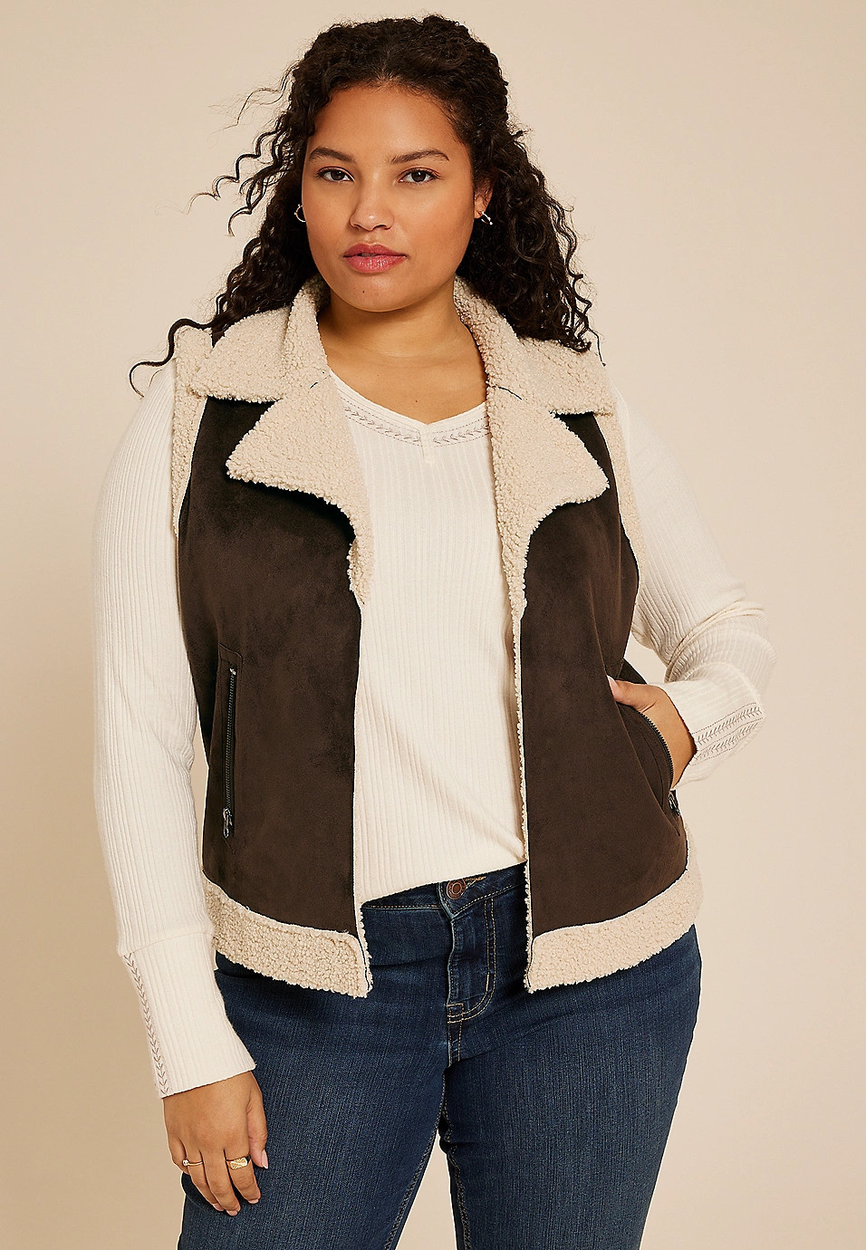 Plus Size Faux Suede Bonded Shearling Vest | Maurices