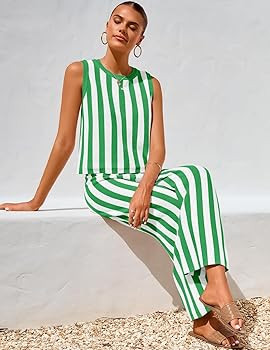 ZESICA Women's Summer Two Piece Outfits Crop Tank Tops and Wide Leg Pants Striped Lounge Travel S... | Amazon (US)