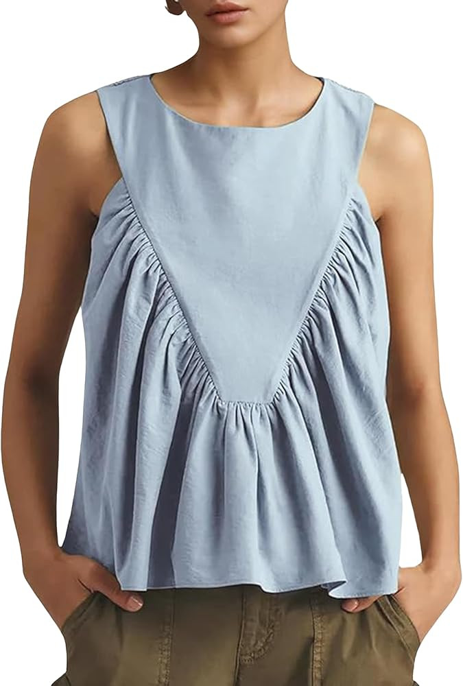 Tanming Womens Sleeveless Peplum Top Swing Tank Loose Fit Back Button Casual Blouse Ruffled Shirt... | Amazon (US)