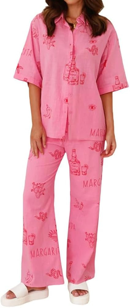 Women's Y2k Graffiti Printed 2 Piece Pajama Sets Short Sleeve Button Blouse Shirt Wide Leg Long P... | Amazon (US)