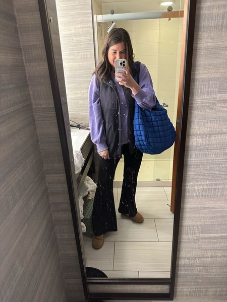 Cozy mom hotel room fit check. 
Deets // My fave Amazon flares, I get the 32 in. inseam. Free People quilted tote that’s worth all the hype, perfect mom bag - holds so much (it just restocked!!) Last year’s version of the linked vest, also have this year’s version in camel & love! Aerie oversized waffle crewneck. 

#LTKitbag #LTKtravel #LTKfamily