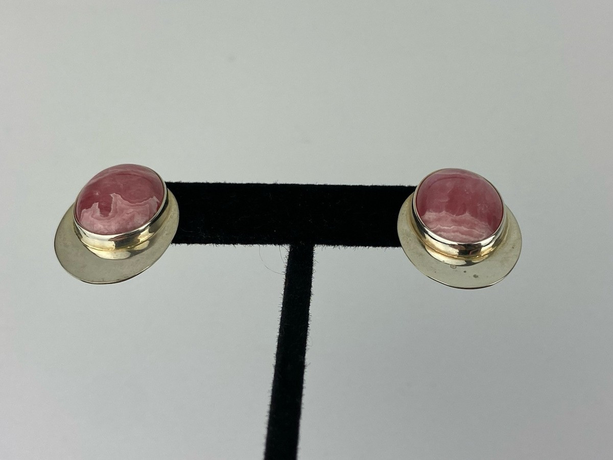 VTG Sterling Silver Oval Rhodochrosite Cabochon Stud Earrings J Hayes Native | eBay US