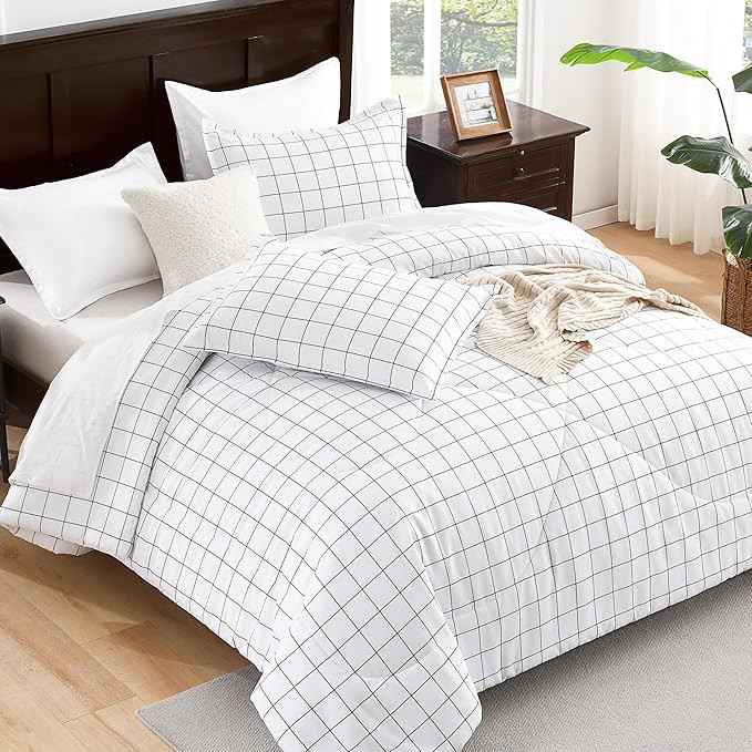 Andency White Grid Comforter Set Twin Size (66x90 Inch), 2 Pieces(1 Grid Comforter and 1 Pillowca... | Amazon (US)