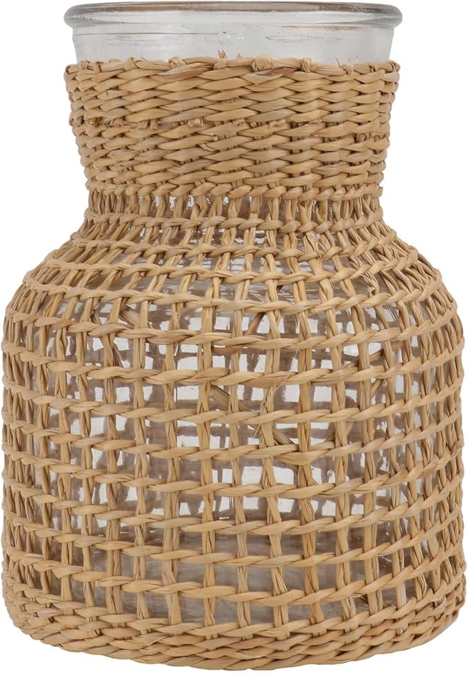 Cabilock Nordic Style Rattan Vase Glass Wicker Vase 6 Inch Decorative Flower with Raffia Cover fo... | Amazon (US)