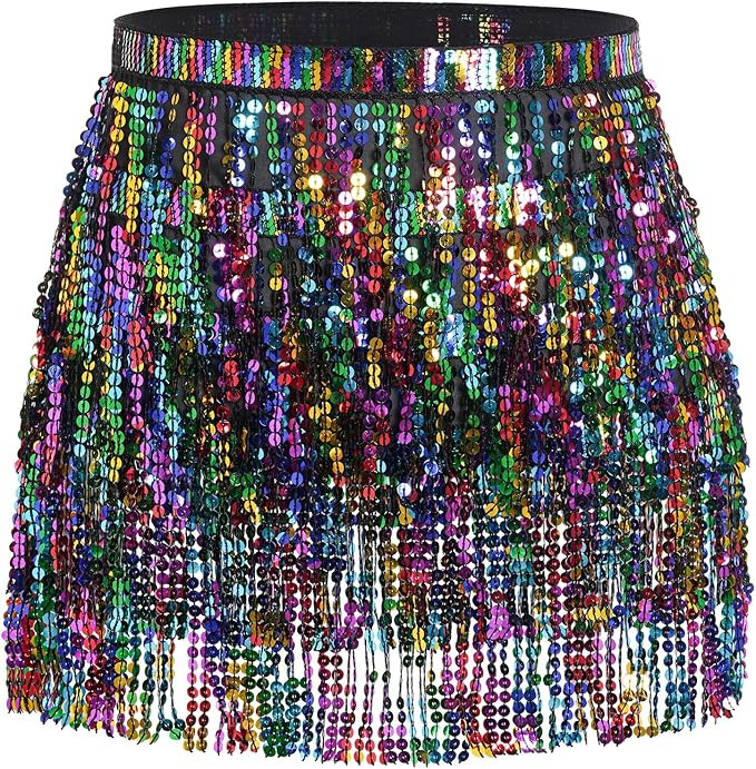 Belly Dance Hip Scarf Sequin Tassel Skirt Wrap Sparkly Rave Costume for Women | Amazon (US)